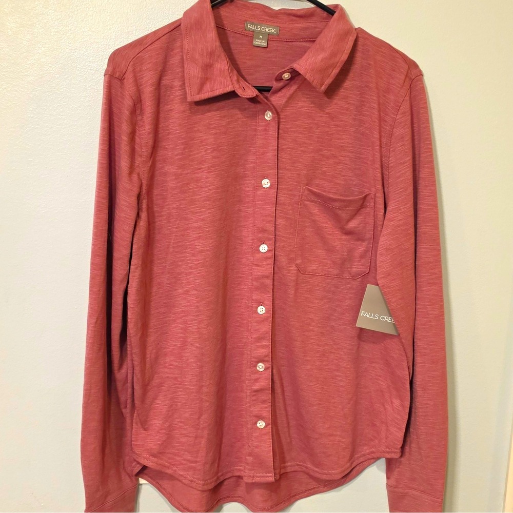 Falls Creek Men's Knit Polyester/Cotton Solid LS Button-Up Pockets M Pink #380
